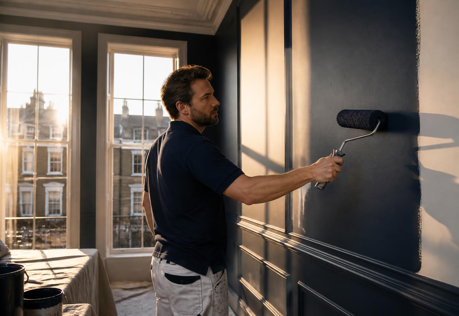 V360 decorator painting a London townhouse interior in deep navy